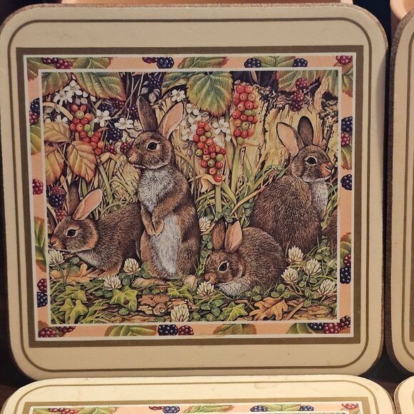 Set Of 6 Pimpernel Coasters "Country Rabbit" 4" x 4"  Bunnies in Berry Patch - Picture 2 of 6